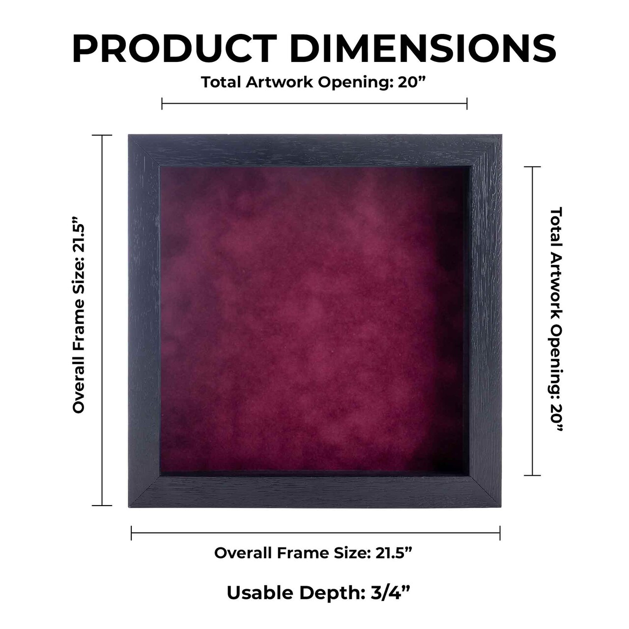 Black Wood Grain Shadow Box Frame with Acrylic Front - Dark Red Suede Backing, 30 Sizes